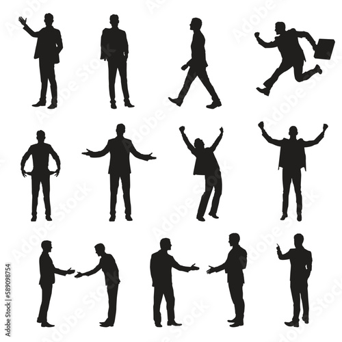 Set of businessman silhouettes in suits in different poses. vector illustration