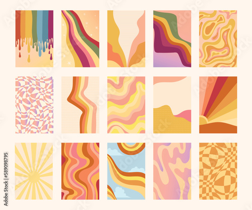 Groovy retro backgrounds pack, 70s nostalgia and positive vibes, bright vibrating texture in retro style, sunny sky with rainbow, waves patterns, vector illustrations