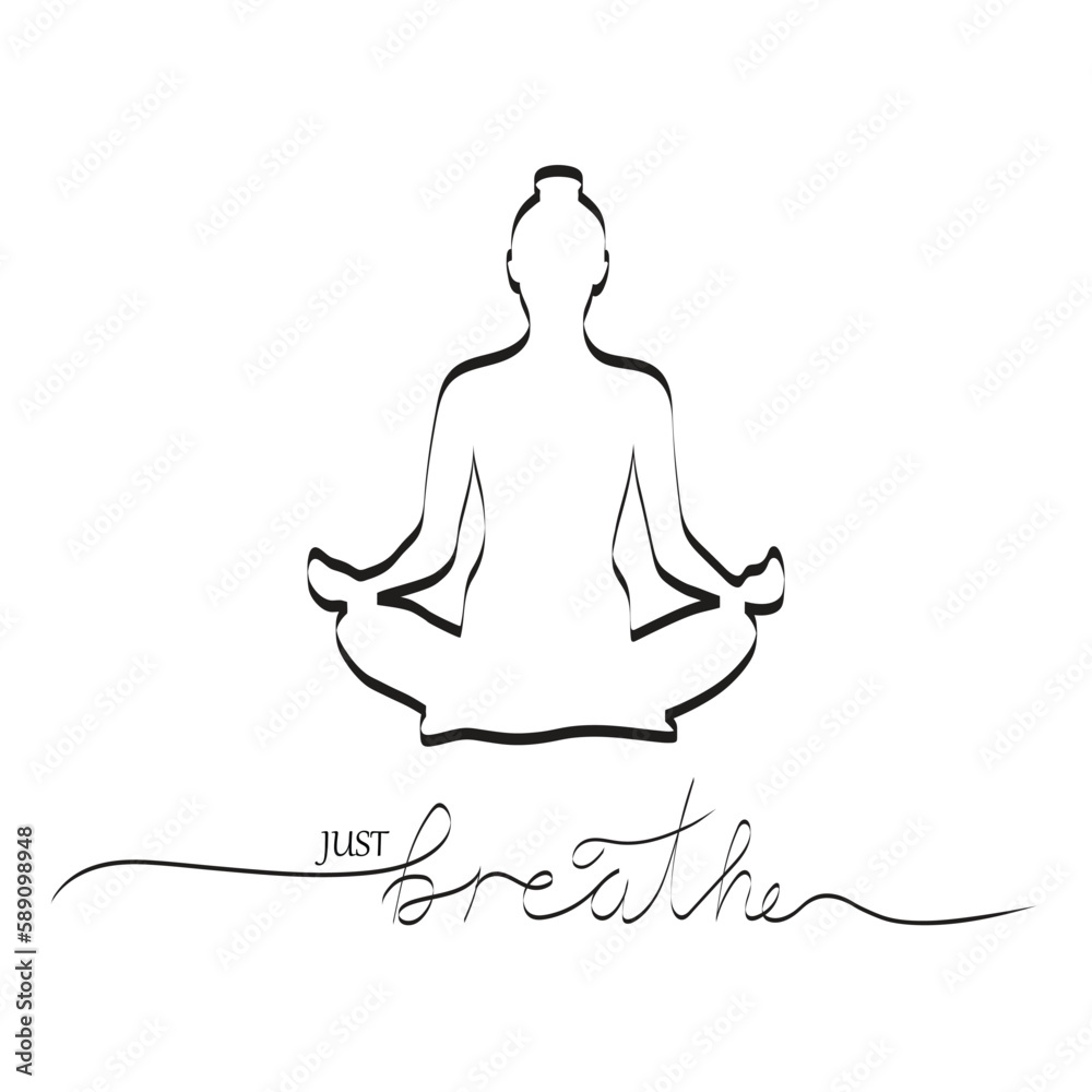 Just Breath Brush Calligraphy, banner or poster with woman silhouette in meditation yoga . Vector illustration Just Breath Brush Calligraphy, banner or poster with woman silhouette in meditation yoga . Vector illustration