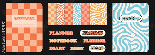 Set of notebook, planner, diary cover design. Backgrounds in retro groovy style. 