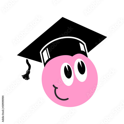 Pink smiling emoticon with graduation cap. Vector icon photo