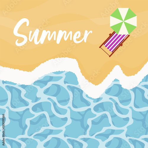 Vector beach with waves, umbrella, bright chaise longue. the short phrase is Summer. Summer background. View from above.