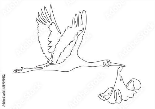 Pregnancy concept. Hand drawn stork in flight delivering a newborn baby. Symbol of newborn child isolated vector illustration.Continuous one line