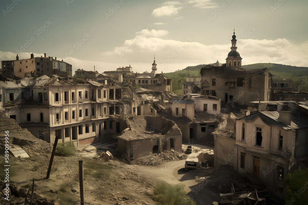 Fototapeta premium A destroyed City, made with Generative AI and post-processed