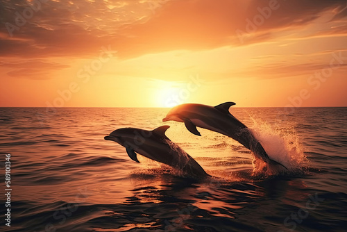 silhouette of two jumping dolphins, sunset at the sea, Generative AI © Dianne