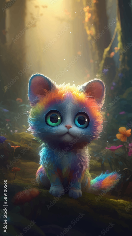 Cute little cat with big eyes in the magical forest. Fairy tale scene. Rainbow-colored wool. Funny Kitten. Cartoon character. 3D vector illustration. Image. Digital painting. Cute little cat with big eyes in the magical forest. Fairy tale scene. Rainbow-colored wool. Funny Kitten. Cartoon character. 3D vector illustration. Image. Digital painting.