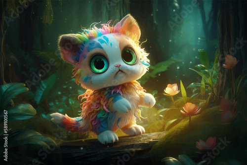 Cute little cat with big eyes in the magical forest. Fairy tale scene. Rainbow-colored wool. Funny Kitten. Cartoon character. 3D vector illustration. Image. Digital painting. 