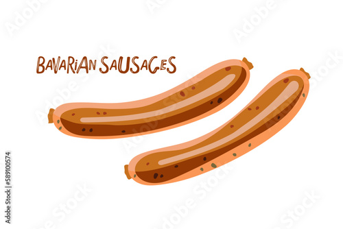 Bavarian food. Beer snack. Bavarian fried sausages isolated on white background. Grilled pork product. Food Colorful Flat vector illustration. Bavarian beer food. Fast food. BBQ roasted pork sausages.