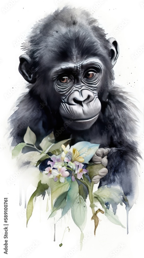 Botanical beauty, watercolor gorilla art with floral delights, generative ai