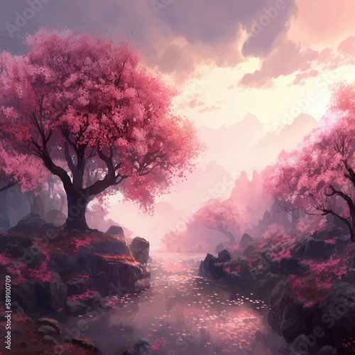 Gorgeous cherry blossoms. Beautiful fantasy landscape with a river and trees. The Beauty of Blooming Sakura Trees Along a Small River Surrounded by Majestic Nature. Digital painting. Illustration. Art © Zakhariya