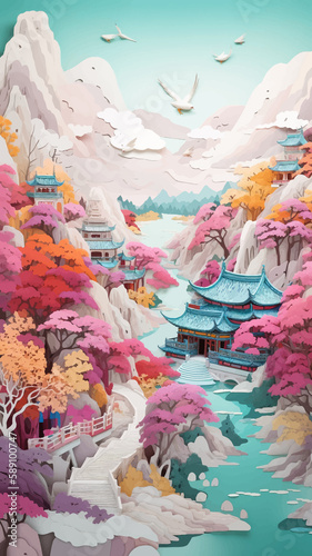Japanese garden landscape in chinese style. Fantasy Landscape with Mountains, pagoda, sakura, clouds and birds. Blue river. 3D vector illustration. Image. Digital painting.