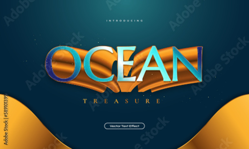 Ocean Treasure Text Style with 3D Effect in Blue and Gold. Cinematic Title Text Effect