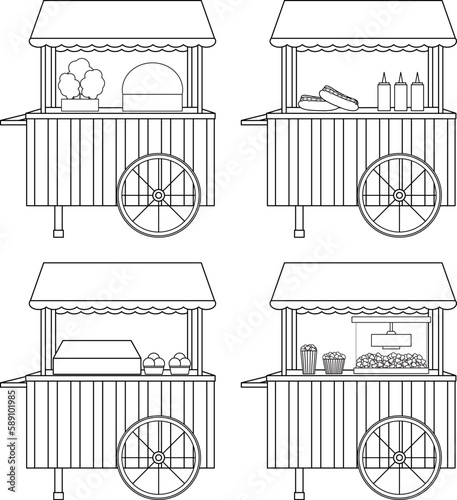 bright vector illustrations, set carts with street food, kiosks with fast food and sweets, doodle and sketch, coloring book