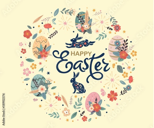 Happy Easter  greeting cards  posters  holiday covers. Trendy doodle design with typography  hand drawn strokes  dots and eggs in pastel colors. Minimalist contemporary art style.