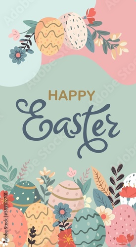 poster for stories, spring flowers and colored eggs. Vector flat illustration. Holiday banner, flyer or congratulations voucher, brochure template layout.
