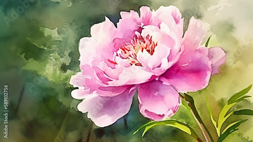 Watercolor illustration of peony flower. Watercolor painting on canvas. Generative AI