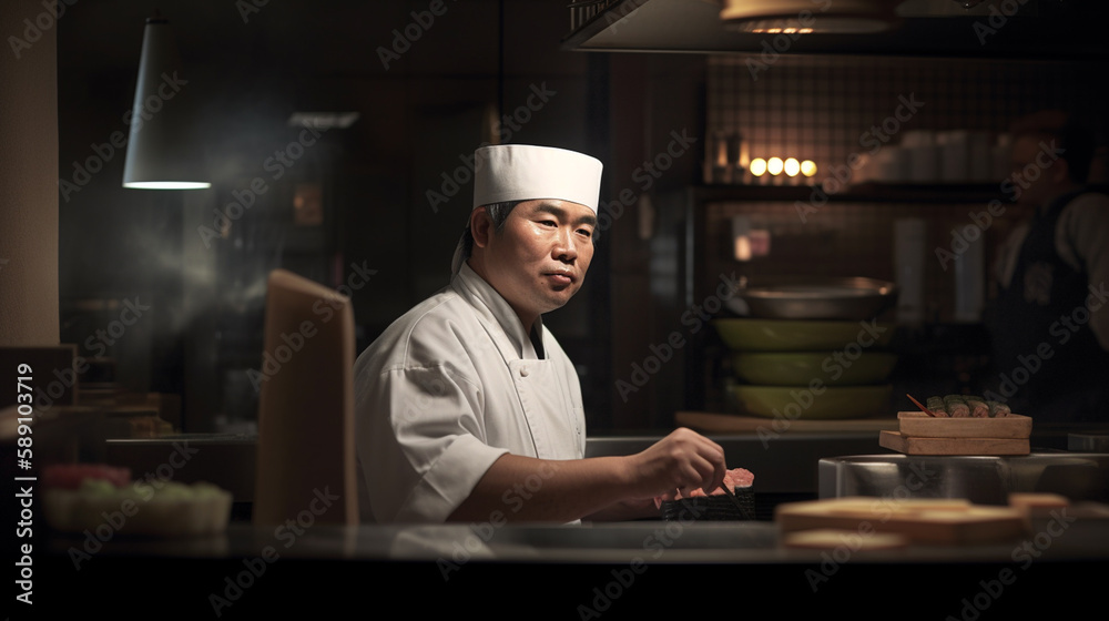 Japanese Chef making sushi in a luxury restaurant with Generative AI Japanese Chef making sushi in a luxury restaurant with Generative AI