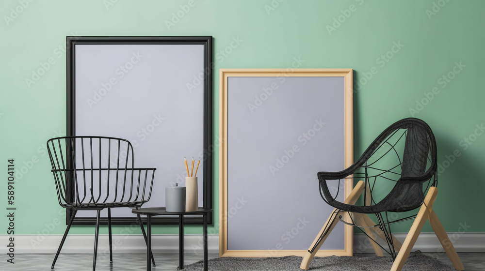 Modern interior of room with forms of poster on wall. Fashionable living room. Generative AI. 