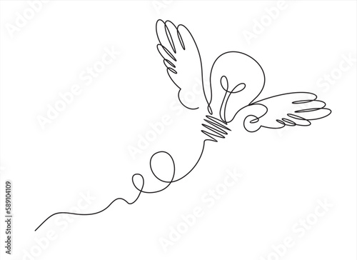 Continuous One  line drawing of light bulb with wings. Creative power concept.