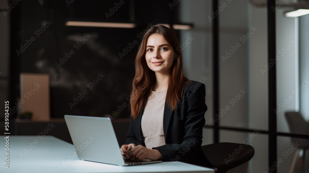 happy business woman working with laptop In a clean and bright office with Generative AI