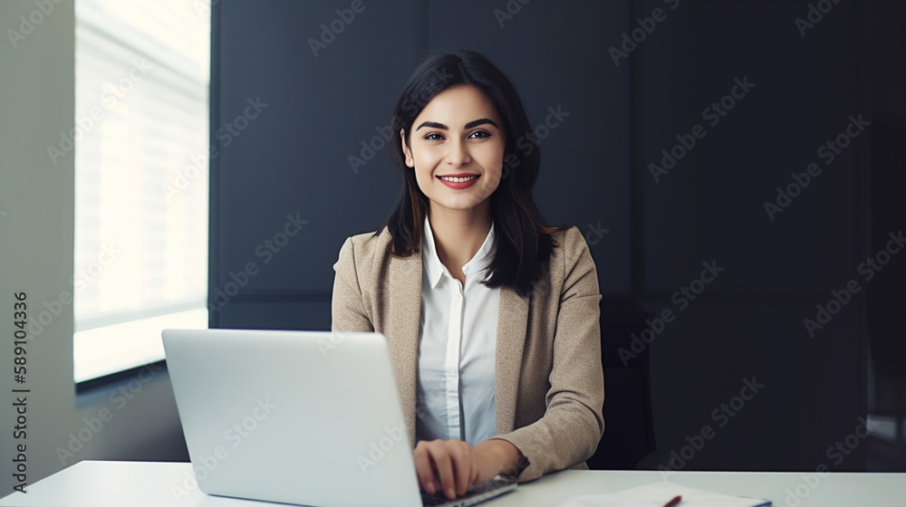 happy business woman working with laptop In a clean and bright office with Generative AI happy business woman working with laptop In a clean and bright office with Generative AI