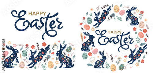 Happy Easter set of banners  greeting cards  posters  holiday covers. Trendy doodle design with typography  hand drawn strokes  dots and eggs in pastel colors. Minimalist contemporary art style.