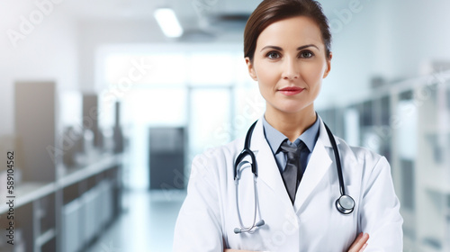 happy woman doctor examining or treating a patient In a hospital with Generative AI