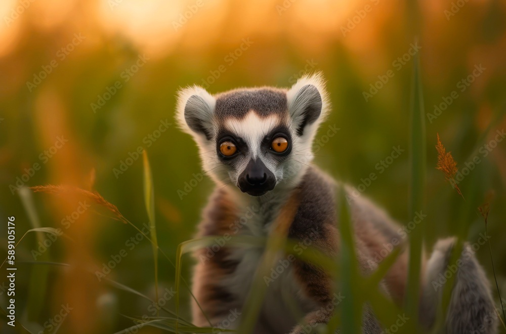 Obraz premium Ring-tailed lemur in wild nature. Generative AI.