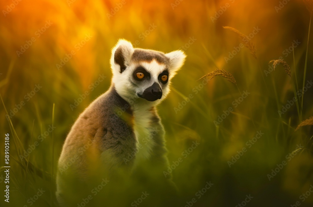 Fototapeta premium Ring-tailed lemur in wild nature. Generative AI.
