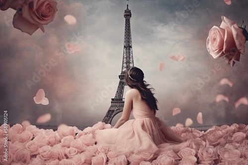 Portrait of a woman wearing a pink dress  sitted on pink roses  with Eiffel Tower in the background wall  generative ai illustration