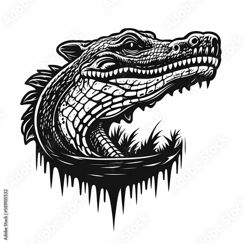 Crocodie Black And White Isolated On White Background. Generative AI