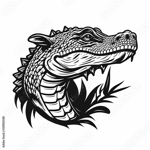 Crocodie Black And White Isolated On White Background. Generative AI