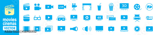 Movies Cinemas line icons collection Editable stroke vector