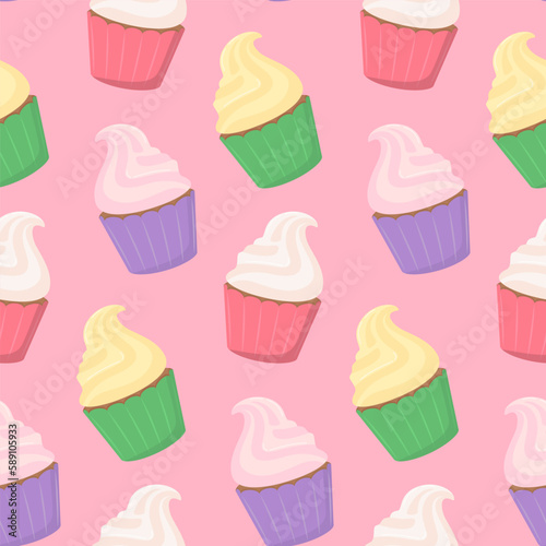 Seamless pattern of sweet multi-colored delicious cupcakes with cream on a light pink background. Vector illustration of a dessert in a flat style.