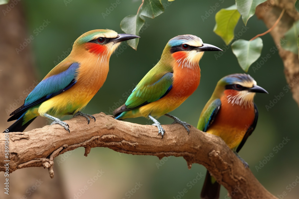 Colorful exotic birds on branch. Digital ai art Colorful exotic birds on branch. Digital ai art