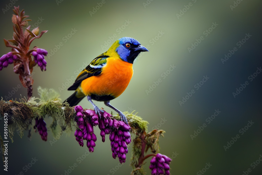 Colorful exotic bird on branch. Digital ai art Colorful exotic bird on branch. Digital ai art