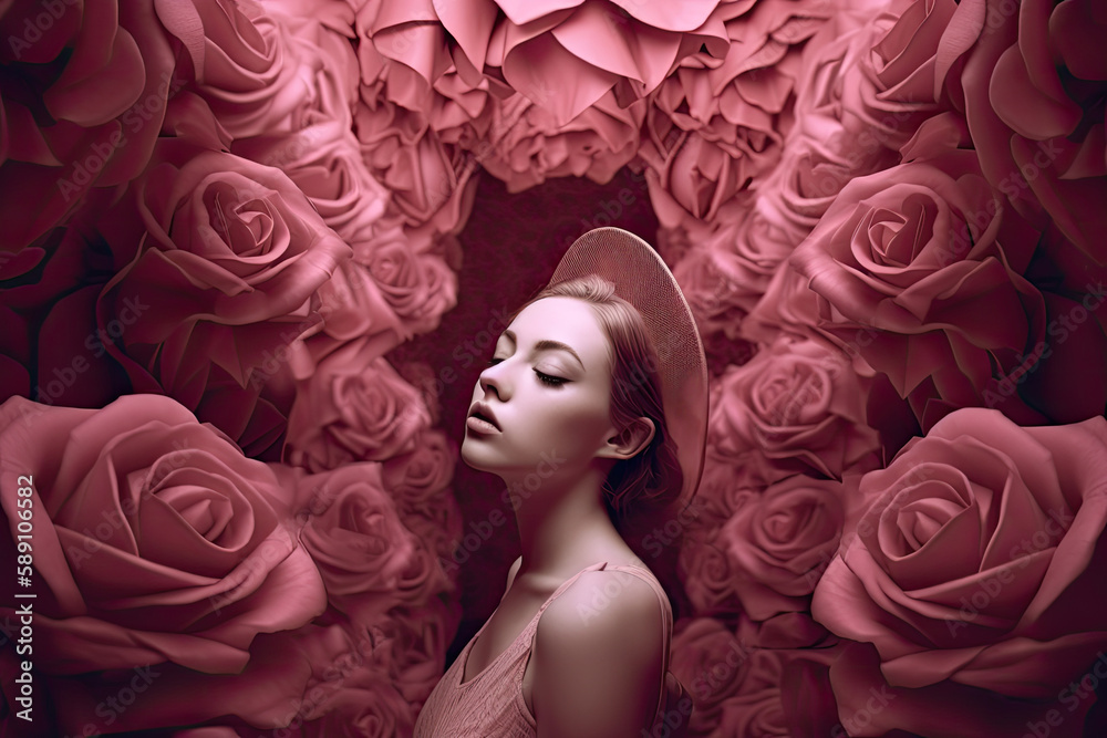 Young woman with a hat surrounded by pink roses, generative ai illustration