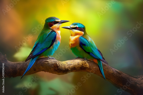 Colorful exotic birds on branch. Digital ai art