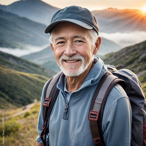 Portrait of a senior man carrying a backpack looking at camera and smiling. Generative AI