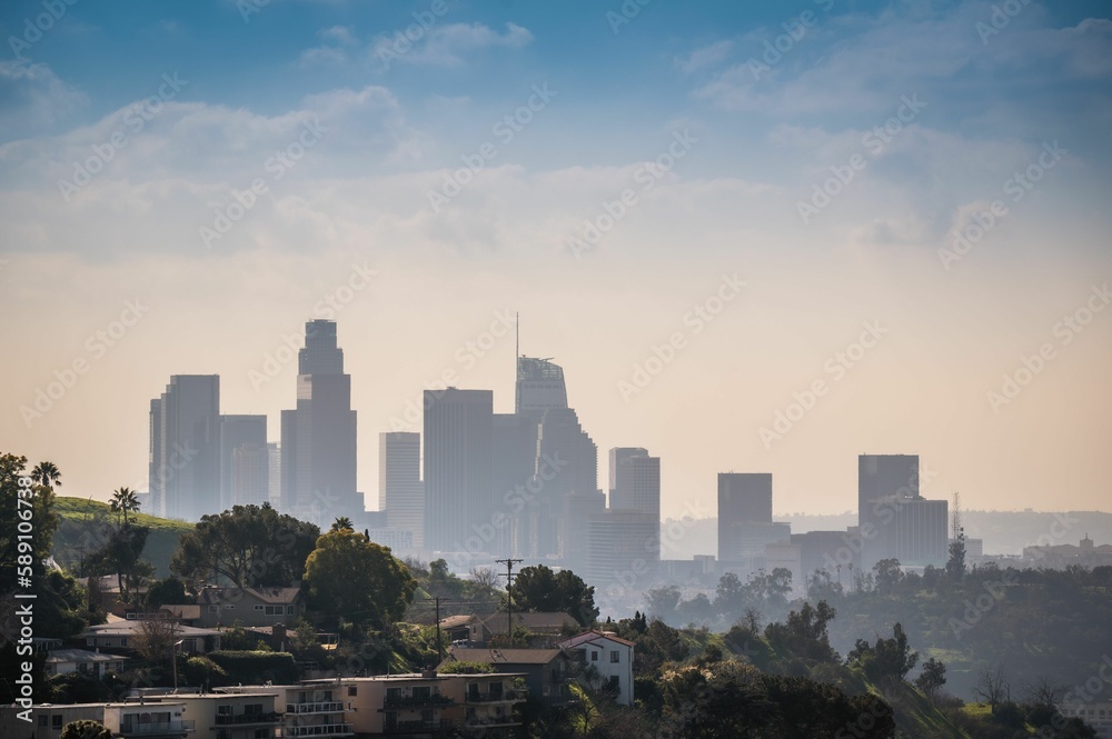 Aerial view of the beautiful Los Angeles skyline in the morning fog