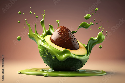 Levitation sliced avocado with oil splashes on browm background, AI Generative. photo