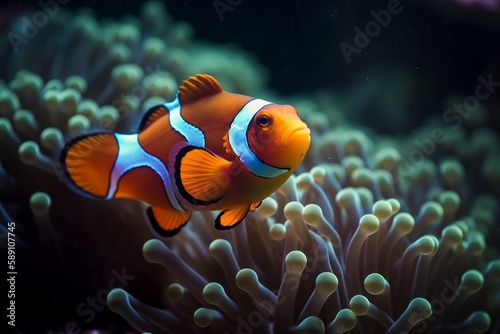 Photo Illustration of  an anemone  with a vibrant clownfish swimming in an aquarium cr