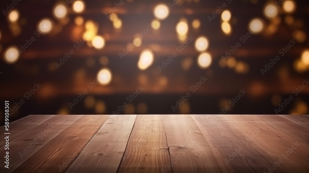 Empty the top of the wooden table, with blurred lights. AI generative.