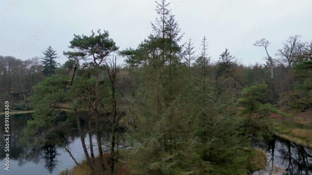 Aerial video of small Islands on a lake with a forest in the background Aerial video of small Islands on a lake with a forest in the background