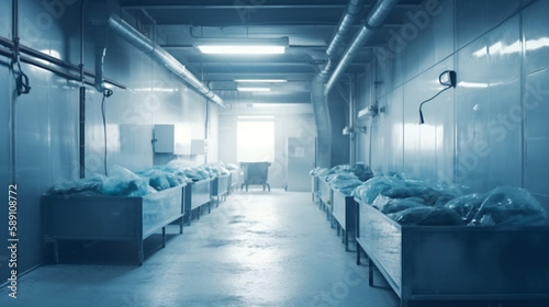 Refrigerator room : Factory style cold room ice Fresh food immersion. Generative AI.
