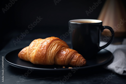 Croissant and cup of coffee. Beautiful breakfast. Generative AI