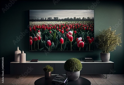 Fotografia Green field with tulips and carnations flowers. Generative AI