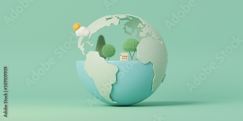 3D green earth on pastel color background. Green eco friendly and environment concept.Minimal scene for mockup design. 3D rendering illustration.