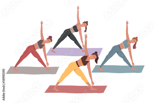 young woman doing yoga & fitness exercises. Healthy lifestyle. Collection of female cartoon characters demonstrating various yoga positions isolated on white background