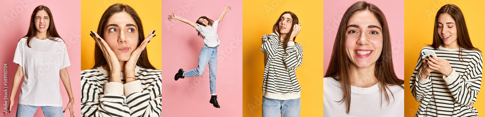 Collage. Set of portrait of young girl posing with diverse emotions against pink and yellow background. Youth lifestyle. Concept of emotions, facial expression, fashion, feelings Collage. Set of portrait of young girl posing with diverse emotions against pink and yellow background. Youth lifestyle. Concept of emotions, facial expression, fashion, feelings